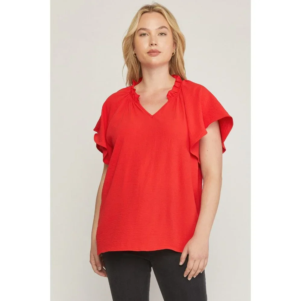 Entro Ruffled Flutter Sleeve Blouse, Tangerine - Picture 2 of 7